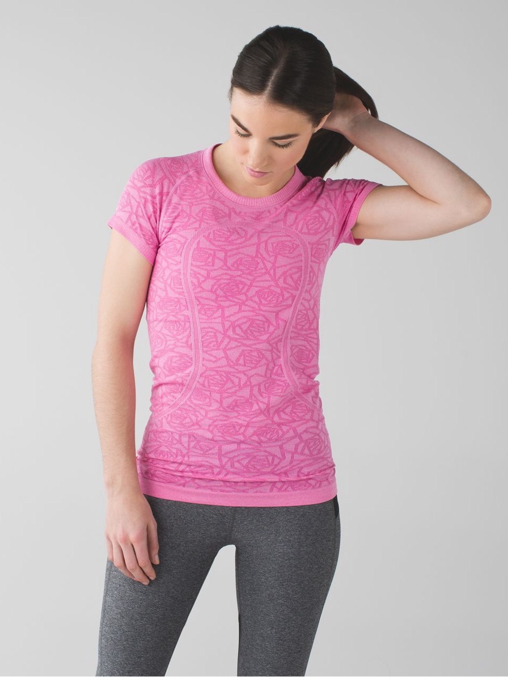 Lululemon Swiftly short-sleeve top featuring an intricate, all-over rose pattern